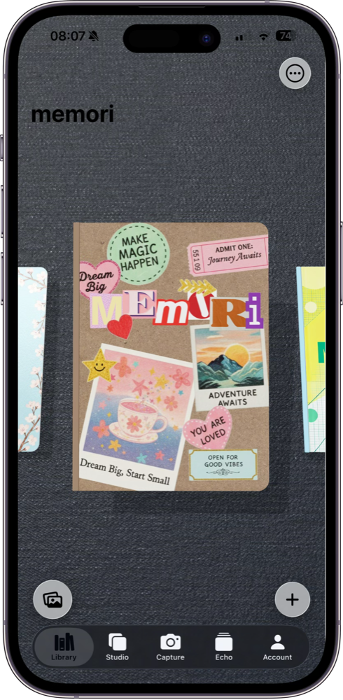 memori's Library tab on iPhone: the scrapbook cover book on a denim backdrop
